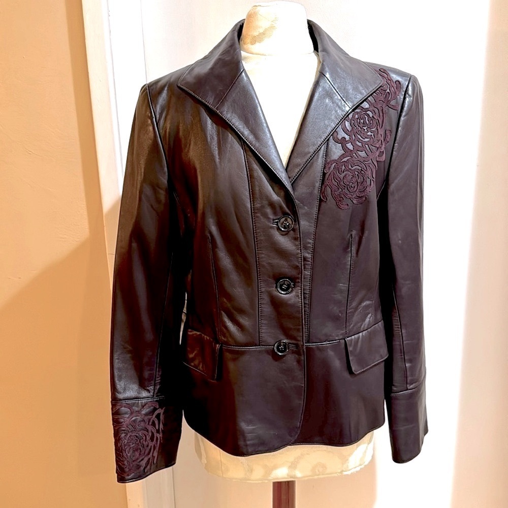 Ellen Tracy Leather Suede Purple Soft Overlay Lined Button Jacket 12